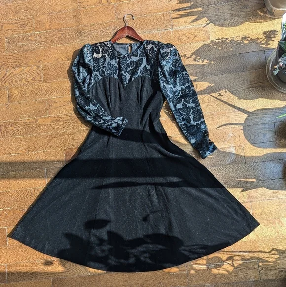 Vintage Piaf Velvet Burnout Midi Dress Sweetheart 80s Cocktail Black witchy goth - Picture 3 of 16